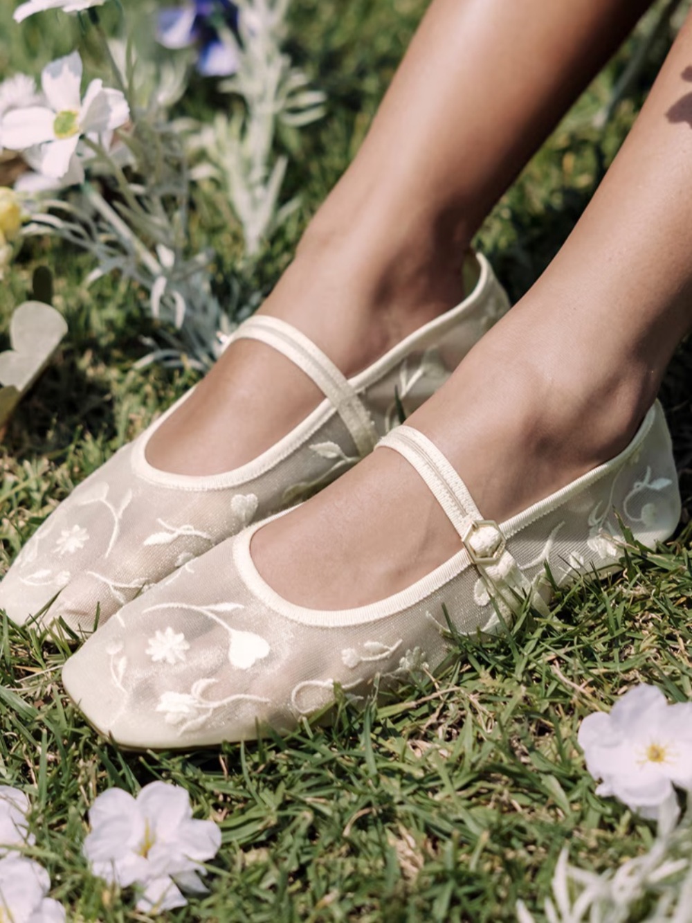 Embroidered Mesh Mary Jane Flats in Cream
